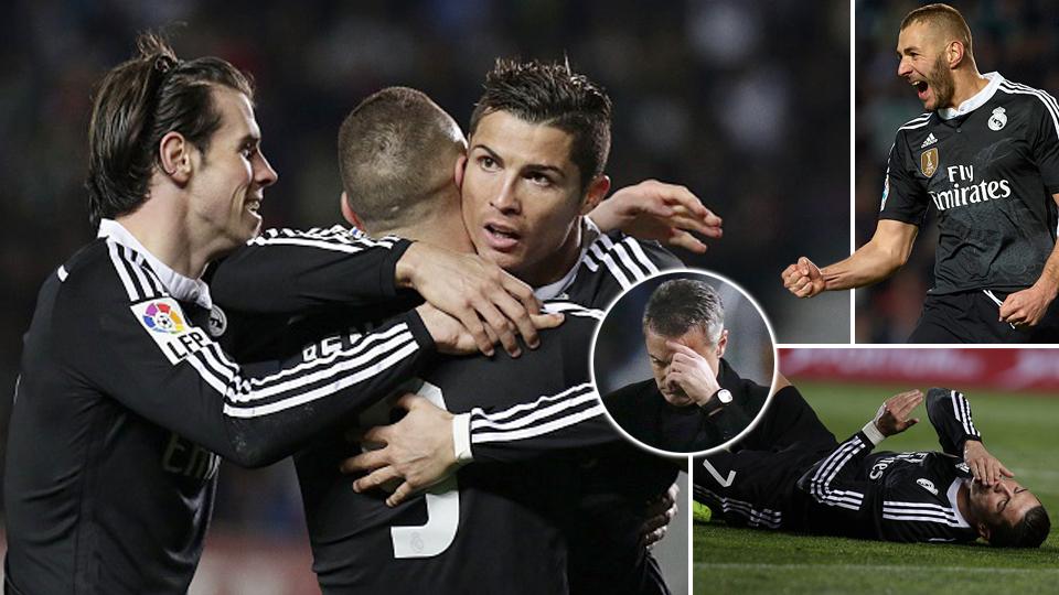 Selebrasi pemain Madrid usai membekuk Elche.